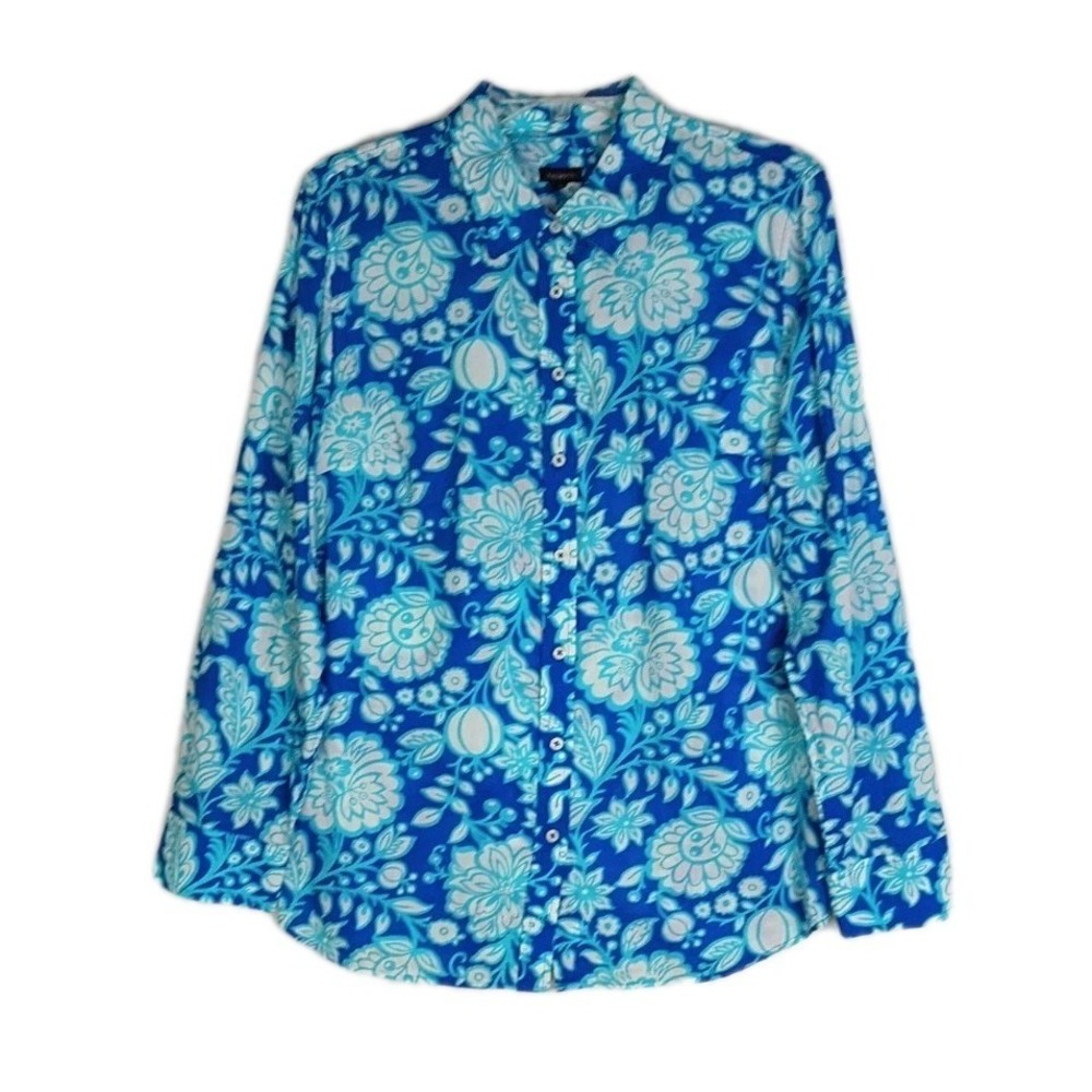 Talbots Petite SZ L Blue Cyan Tropical Floral SemiSheer Long Sleeve Collar Shirt